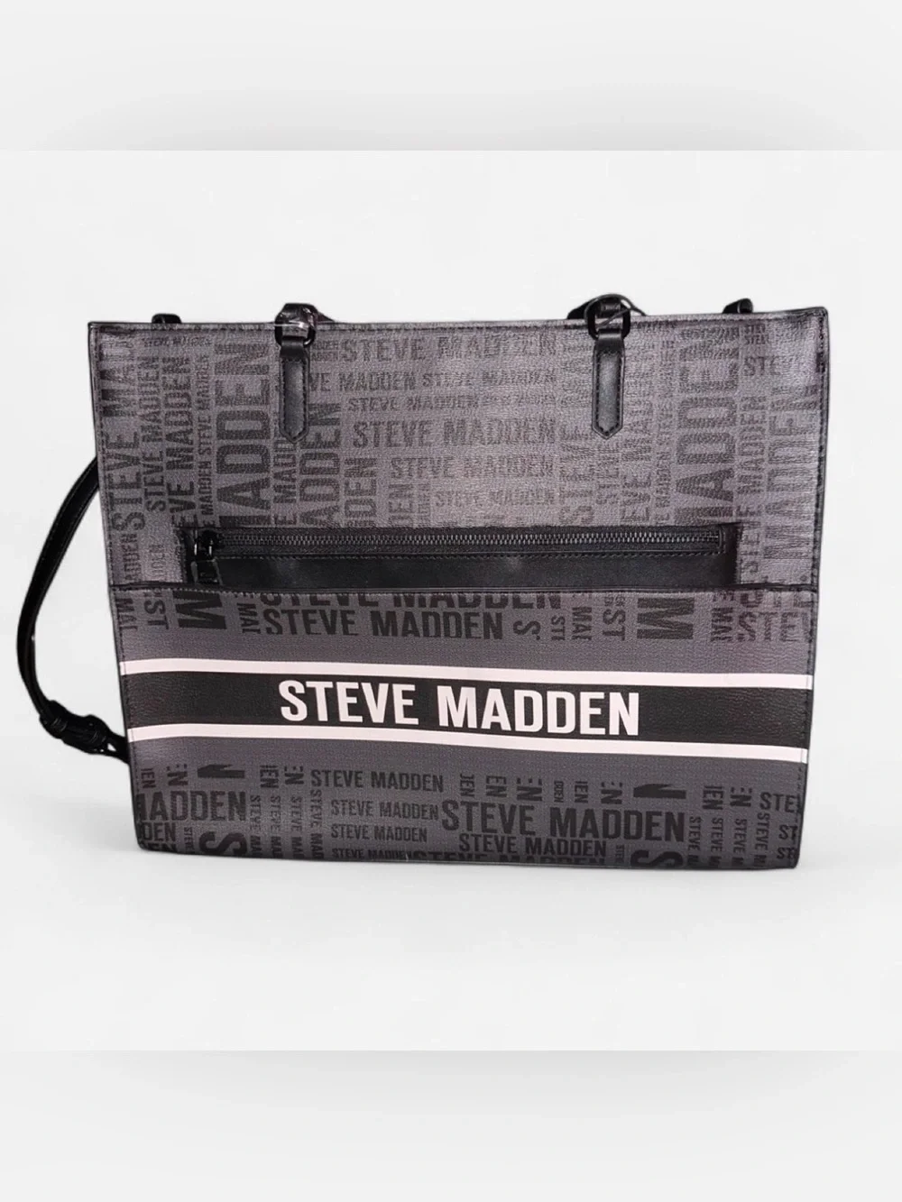 Steve Madden Black Logo Print Laptop Tote with White Accent